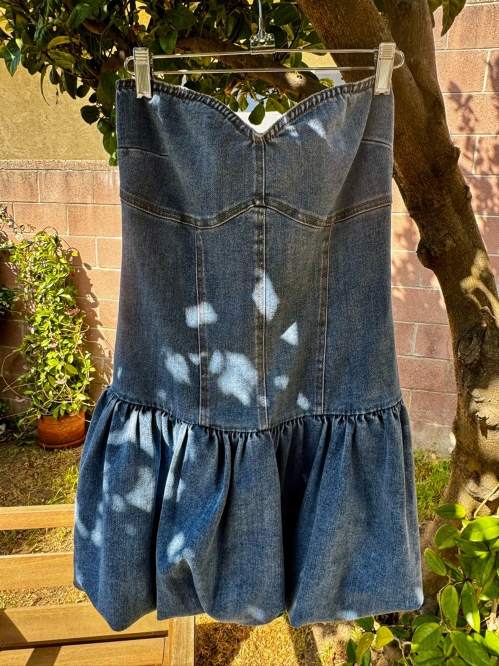 Strapless Denim Ruffle-Hem Dress - Blue